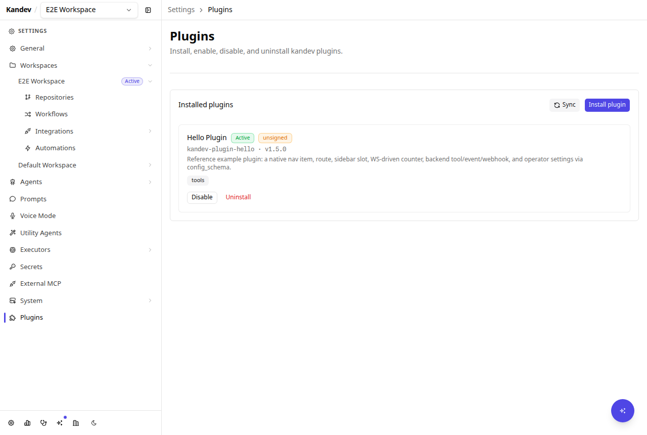 The Settings > Plugins page listing an installed, active plugin with its category, an unsigned badge, and Disable/Uninstall actions.